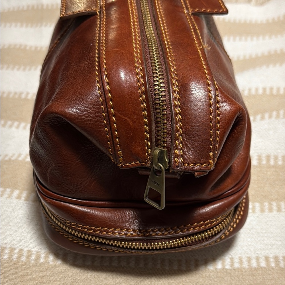 Brown Leather Toiletry Bag with Polished Finish and Top Zipper